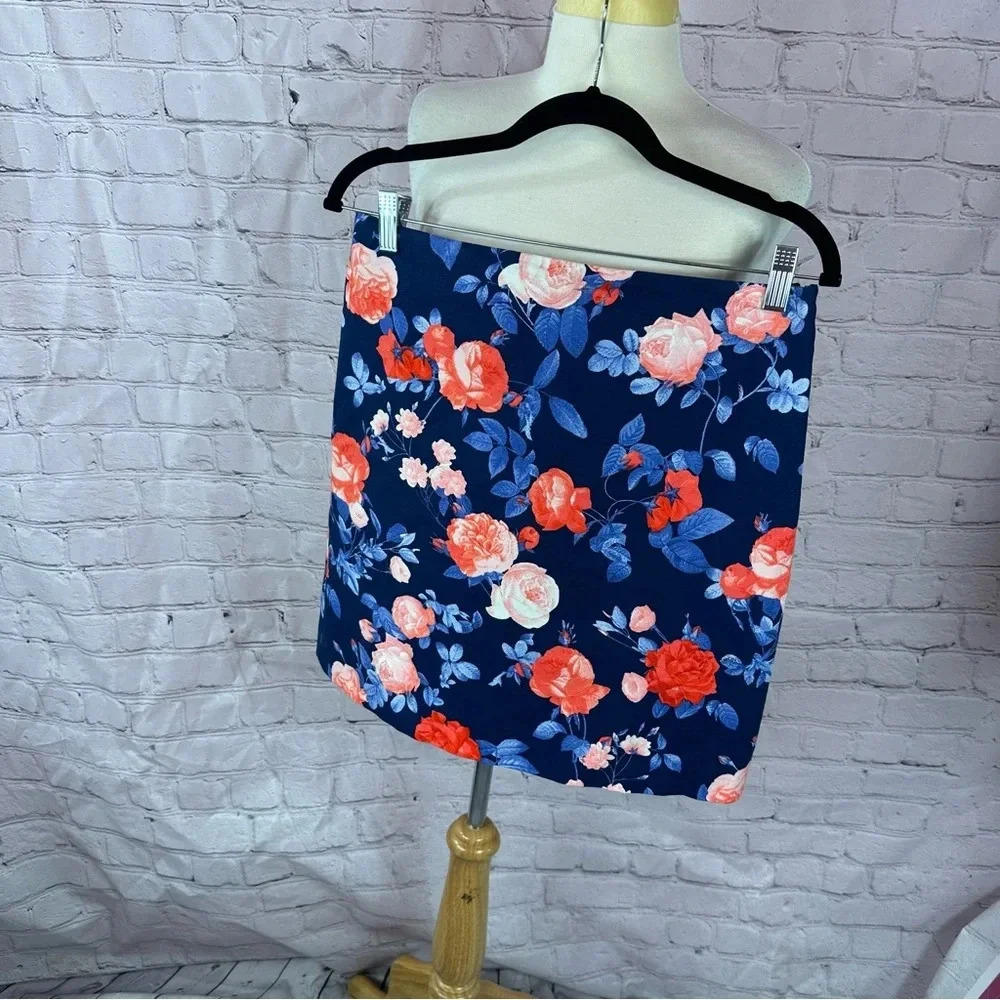 talbots navy floral pencil skirt women 4 knee length fitted office wear cottage